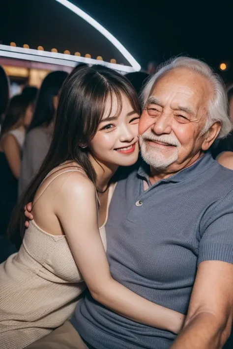 top-quality, masterpiece, 80 years old man and 20 years old bightly smile girl couples, korean Girl sitting on the sofa, (80 years old man hugging young girl) , big breasts, girls wear thick grey maxi knit camisole dress, (old man white shirt), in the crow...