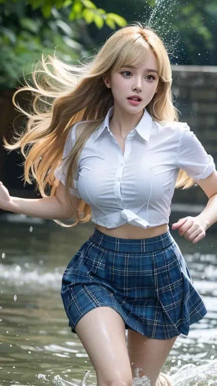 Busty women，blunt bangs，Thighs，Blonde Hair，Voluminous long hair that reaches down to the waist，Wavy long hair，Wet Hair，looking at the camera，Blue tartan skirt，The white shirt is wet and the underwear is visible，Running, splashing water，Being chased by a ca...