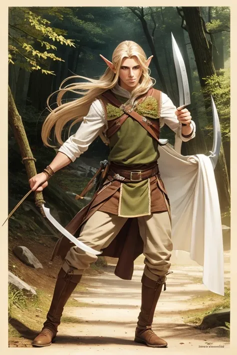 Tolkeinesque male wood elf with a bow,knives, flowing hair.