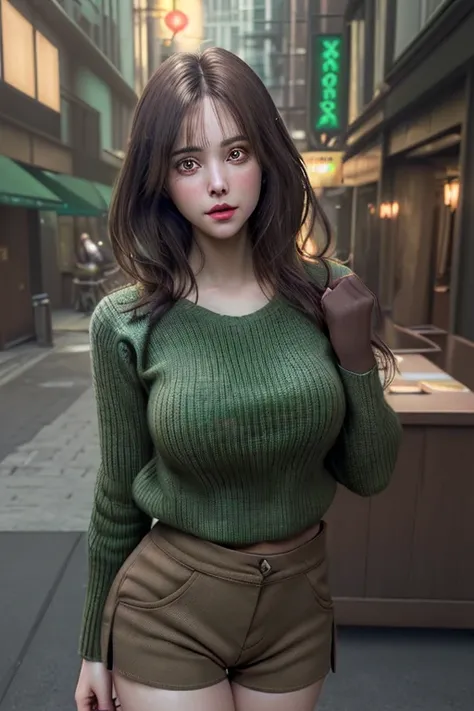 {{masterpiece, best quality, extremely detailed CG, unity 8k wallpaper, cinematic lighting, }},1 busty girl in green sweater and shorts,full body, best quality,perfect details,medium brown hair,calm face