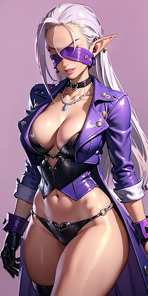 (plain background) 1woman Cammy White like drow elf purple skin (purple skin) long white hair, earring with purple gem, purple gloves, purple lips, white wedding dress with purple corset, ornate clothes, tall, big breasts, blushed face, smile, red cheeks, ...