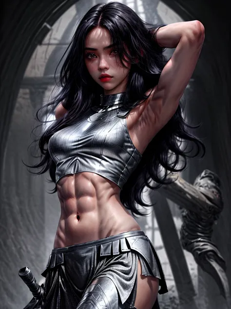 1girl, crop top silver armor, abs,very long black hair