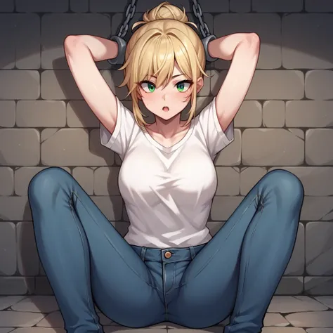 score_9, score_8_up, score_7_up, score_6_up, score_5_up, score_4_up, source_anime, 1girl, blonde hair, hair bun, green eyes, w-w-chain, spread arms, messy hair, white shirt, jeans pants, dungeon, best quality, best res, 4K UHD 