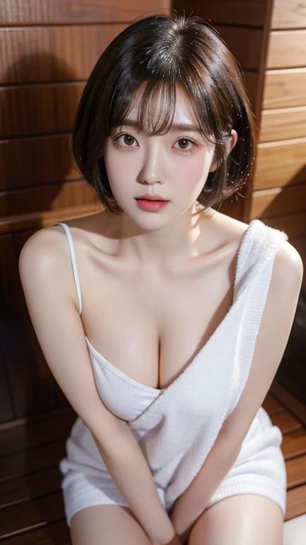 Highest quality，Buckshot，woman，Sauna room，blunt bangs，Black Hair，Short Crop Hair，Hair is wet，Sweating，With big eyes、Deep blue，Bright、Has a lively expression，Healthy and bright skin tone，Small mouth，Thick lips，，whole body，Big Breasts，The thighs are a little...