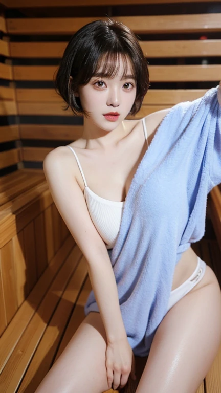 Highest quality，Buckshot，woman，Sauna room，blunt bangs，Black Hair，Short Crop Hair，Hair is wet，Sweating，With big eyes、Deep blue，Bright、Has a lively expression，Healthy and bright skin tone，Small mouth，Thick lips，，whole body，Big Breasts，The thighs are a little...