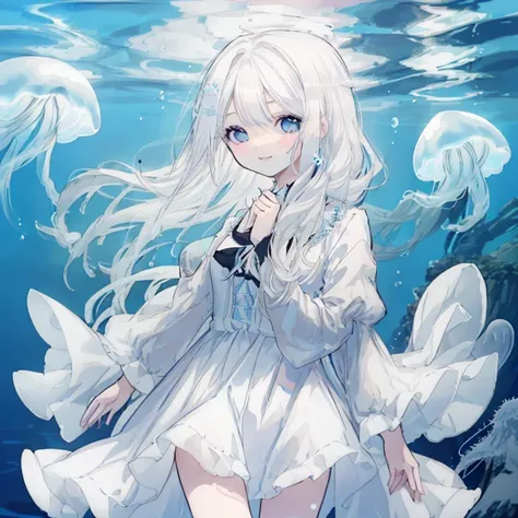 1 girl，White Hair，Long Hair，In the water，In the sea，jellyfish，smile，