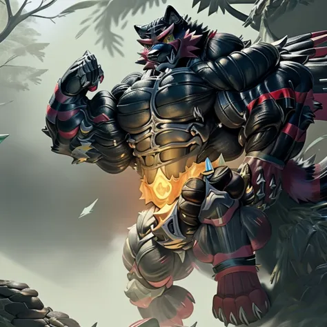 incineroar, (gigantic muscles), 8k, masterpiece, highres, future fiction. detailed head, detailed body, full body, detailed abs,...