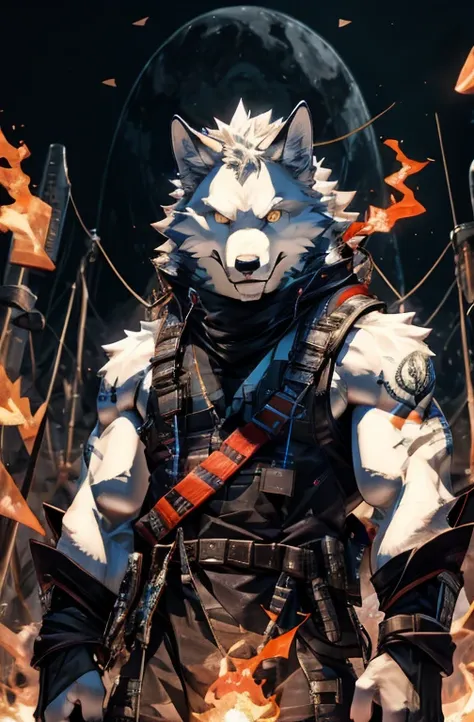 (Absurd, High resolution, Super detailed), masterpiece, highest quality, True light and shadow, alone, Pure White Wolf、silverwolf,Wolf Ears、Tank top, Finely grained, Detailed face, Detailed eyes,, One glowing orange eye、Only one eye emits flames、One eye em...