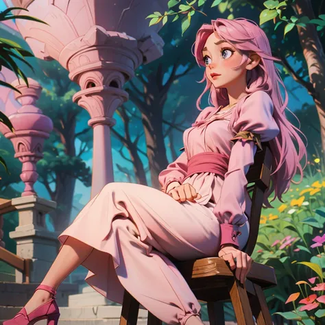 A beautiful girl who looks like Rapunzel is wearing a pink dress while sitting in the park