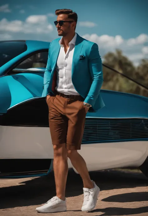 business man with light clothes shorts and shirt and sneakers and his bugati