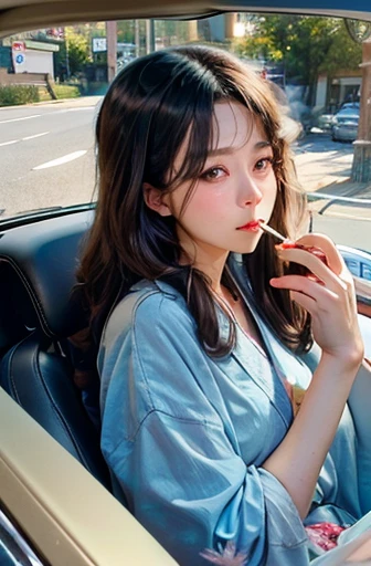 Woman driving a classic car　Drive a convertible　Long Hair　Perm　Fluffy hair　Driving scene　　summer coastline　Heavy smoker　One-handed driving　Cigarette in mouth　Depiction of smoking　　Japanese