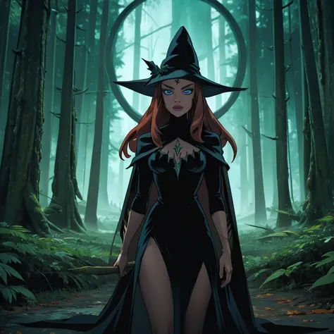 Red with long hair witch , magic crystal blue enchanting eyes , Halloween dark forest, witch forest, dark witch costume, green fire in background, scary high detailed costumes , knight, jungle of pumpkins, green fire rising, 