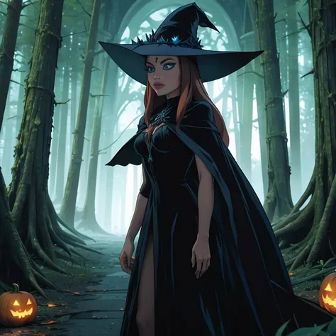 Red with long hair witch , magic crystal blue enchanting eyes , Halloween dark forest, witch forest, dark witch costume, green fire in background, scary high detailed costumes , knight, jungle of pumpkins, green fire rising, 