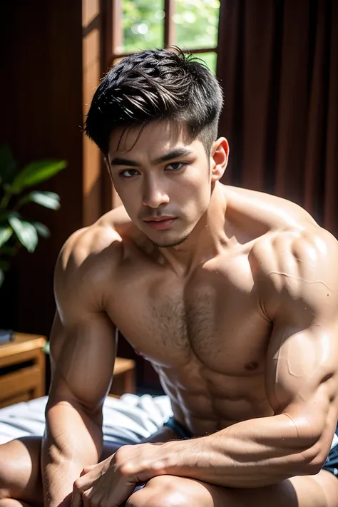 masterpiece, best quality, high quality, Extremely detailed CG Unity 8K wallpaper, Depth of Field, HDR,,Realistic Portraits,Very detailed, 1 man, Asia, Black short hair (Wearing a stylish ultra-thin tight thong),Convex，Large lumps， Chest muscles,Chest musc...