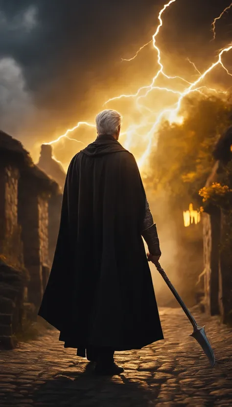 8k, a young male wizard with black cloth and grey short hair from flying above medieval village from behind with Intense yellow lightning from his hand, Chopping from all sides，Gather together