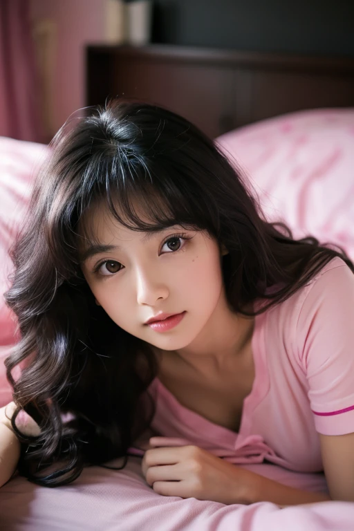 highest quality ,masterpiece,Ultra-high resolution, so beautiful, cute, (Photorealistic:1.4), 1 Girl, Japanese, Black Hair、Long Curly Hair、Cinematic, 35mm lens, f/ 1. 8, Accent lighting, 8K, Ample breasts, V-neck, Pink pajamas, Bedroom、Dark Room、Lying down