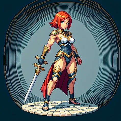 (masterpiece, top quality, best quality), pixel,pixel art,1women,muscle,armor,hold a sword,full body