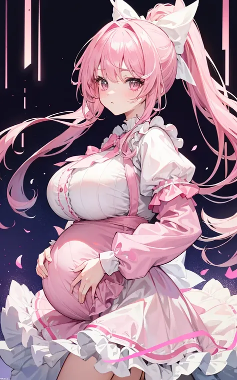 1 teenage girl, Pink Hair, Long double ponytail, Pink shirt, Fluffy collar, White fluffy skirt, White ribbon on hair, Lots of hair accessories, Lolita，(Pregnant，Huge breasts：1.8)