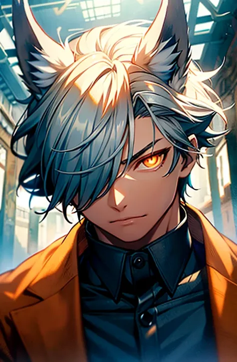 (Absurd, High resolution, Super detailed), masterpiece, highest quality, True light and shadow, one end, Pure White Wolf、silverwolf,beast,Wolf Ears, Short Hair,male, Wolf Appearance,Big eyes, Detailed face, Detailed eyes,In a suit, One glowing orange eye、B...