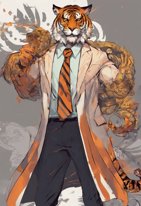 anthropomorphic tiger, de cuerpo entero, vestido formalmente con un blazer, sostiene una bandeja, pegatina de tiger, sticker de tiger