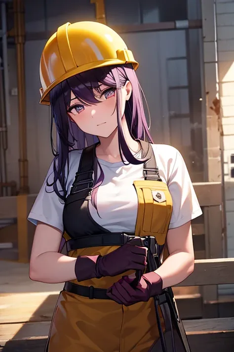 1 girl. extremely dark purple hair. amber eyes. construction worker. working gloves. tired. hard hat