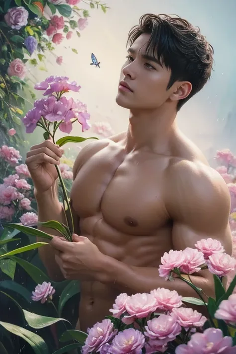 have muscles, 1 muscular man, alone, (oil painting:1.5), (no:1.2), have muscles man wearing nothing completely naked, Playfully swirling in the rain, 1 boy, short hair, flower, Lysianthus ,In the style of light pink and light blue...., Dreamy and romantic ...