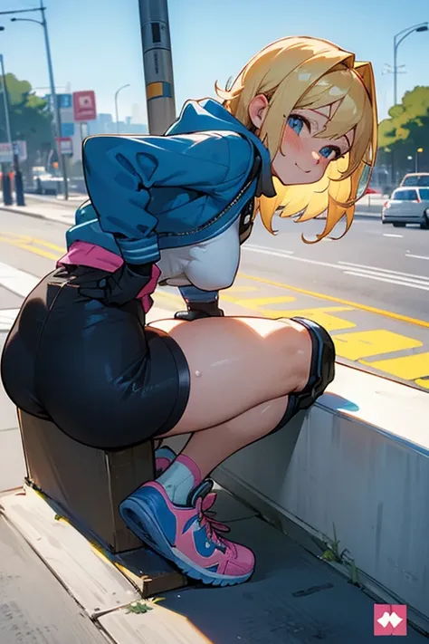 1 masterpiece, 1 girl, blonde hair, medium hair, aquamarine eyes, medium breasts, thighs, thick thighs, wide hips, butt, focus on butt, ass, covered anus, naughty face, nervous smile, blush, sweat, black gloves, black knee pads, blue sweatshirt, clothing, ...