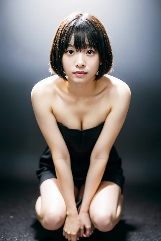 Young Japanese woman with short yellow hair Tokyo night,Full Body Shot，（Irregular skin blemishes，vein，Birthmark，Wrinkles on the skin，pores：1.2），（Pitch black night background： 1.2）， （Bokeh： 1.4），Mansuji、topless、Squat、front、18-year-old、No makeup、Spread your ...