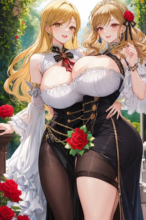 A woman with big ，Gorgeous woman，((Exposing idols))，(Middle-aged woman)，((30 years old))，Gorgeous Rococo dress，Long blond hair，Smooth underbust，Exquisite，rose Garden，Laughter，