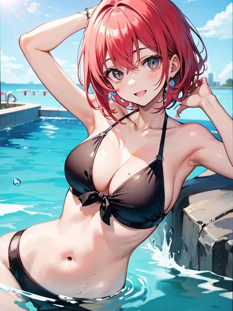 The Quintessential Quintuplets、Nakano Ichika、Swimsuit、Pool、water droplets、Depiction of the upper body、smile、Open your lips、high resolution