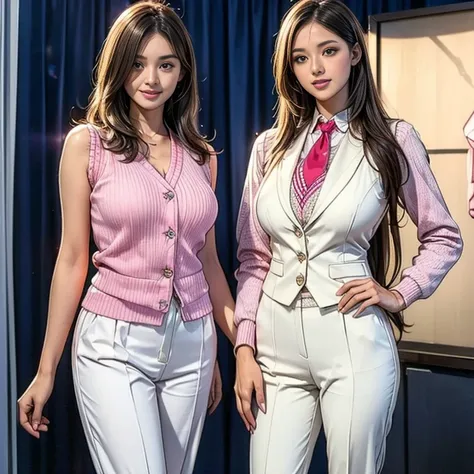 (highest quality、4k、8k、High resolution、masterpiece:1.2)、Super detailed、(Real、Photorealistic、Photorealistic:1.37)、Portrait、Colorful lighting、comedian、smile、conversation、Stand microphone、Two girls in completely different outfits:1.4、(Navy Suit、1 girl with re...