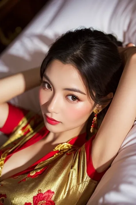 Asian woman in her early 50s lying on the bed wearing a red and gold Chinese dress, goddess of Japan, Very beautiful face,face perfect,(A detailed eye,real looking skin,Detailed skin,lipgloss),ighly detailed, gorgeous chinese model, ig model | ArtGerm, Sed...