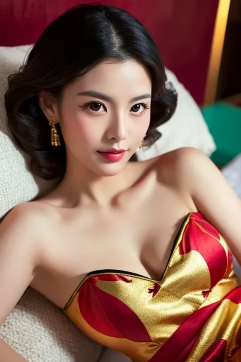 Asian woman in her early 50s lying on the bed wearing a red and gold Chinese dress, goddess of Japan, Very beautiful face,face perfect,(A detailed eye,real looking skin,Detailed skin,lipgloss),ighly detailed, gorgeous chinese model, ig model | ArtGerm, Sed...