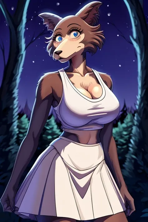 Beastars art style, beastars, Juno, brown wolf, she Wolf, 1girl, furry, long curly brown fur, slim figure, blue eyes, wide hips, Big breasts, White skirt, cropped White tank top, cleavage, night time, woods