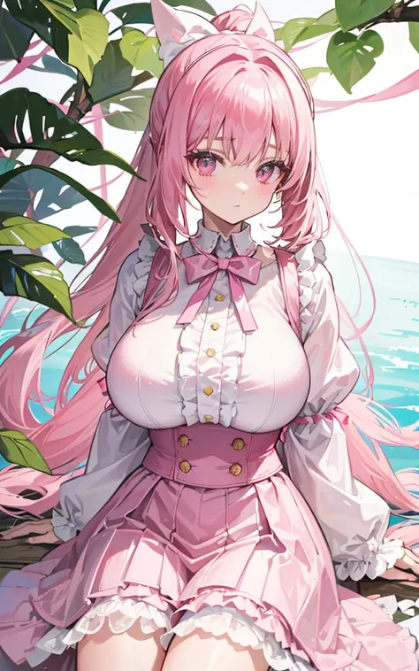 1 22-year-old girl, Pink Hair, Long double ponytail, Pink shirt, Fluffy collar, White fluffy skirt, White ribbon on hair, Lots of hair accessories, Lolita，(Huge breasts：1.8)