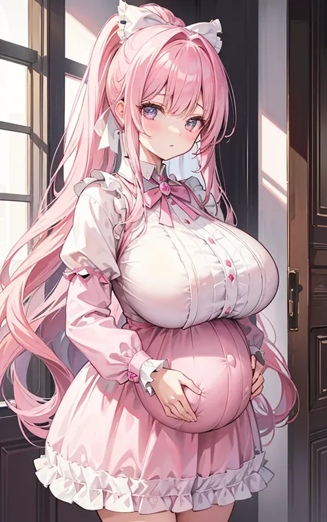 2 22-year-old girls, Pink Hair, Long double ponytail, Pink shirt, Fluffy collar, White fluffy skirt, White ribbon on hair, Lots of hair accessories, Lolita，(Pregnant，Huge breasts：1.8)