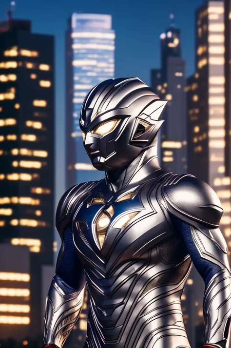 beautiful detail, best quality, 8k, highly detailed face and skin texture, high resolution, silver body ultraman stand over the city, full body, sharp focus