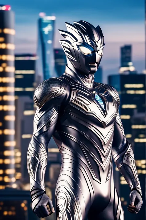 beautiful detail, best quality, 8k, highly detailed face and skin texture, high resolution, silver body ultraman stand over the ...