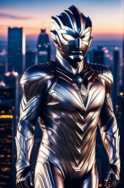 beautiful detail, best quality, 8k, highly detailed face and skin texture, high resolution, silver body ultraman stand over the ...