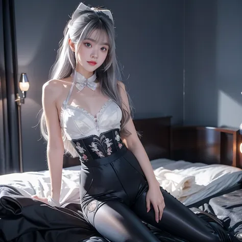 (((1 girl)),ray tracing,(dim lights),[detailed background (bedroom)),((silver hair)),((silver hair)),(fluffy silver hair, busty ...