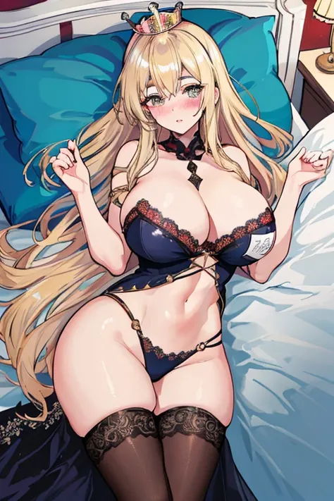 A woman with big ，Gorgeous woman，Mature((queen))，Long blond hair，Exquisite，In the bedroom，Lying down，Protruding lower chest，Lace Eye Mask，blush，