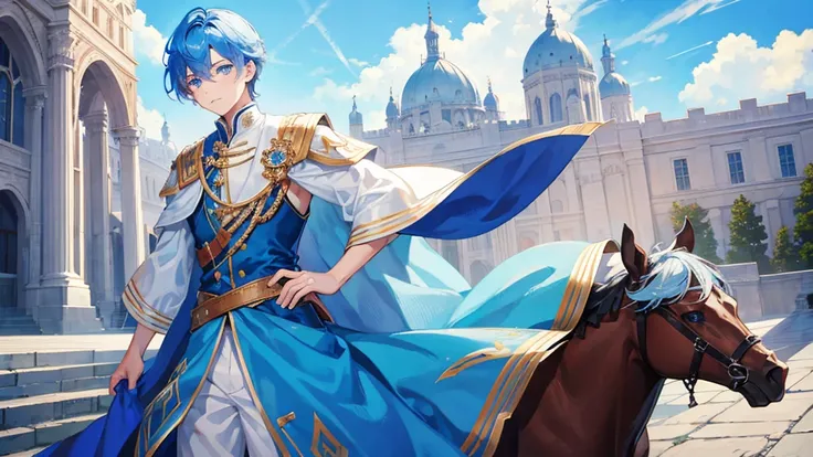 cute boy with blue eyes, blue hair, royal clothes, palace, 8k resolution, sky