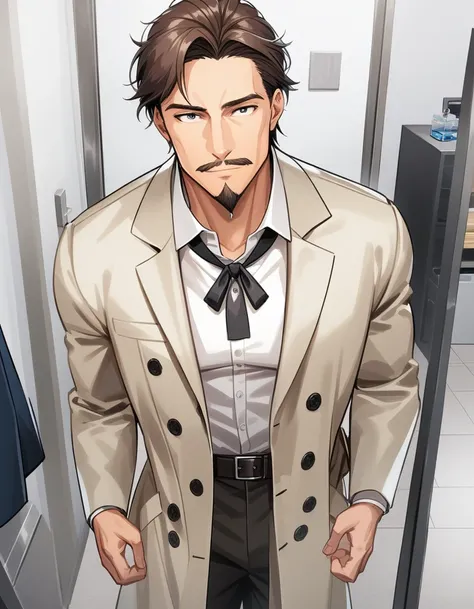 1man, mature male, parted bangs, short hair, brown hair, muscular celeb, white collared shirt, gray trench coat, black neck ribbon, solo, short goatee, POV, light smile, short mustache, dandyism, standing, in eroge style, visual novel, 2010s, VHS quality, ...