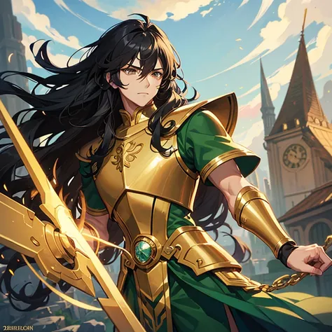 handsome young man, young appearance, slim build, dark complexion, long wavy black hair, golden eyes, green shirt, bronze not gold Saint Seiya armor, shield theme.