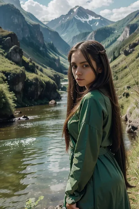 Costume, long hair, girl, big eyes, green mountains and green water,