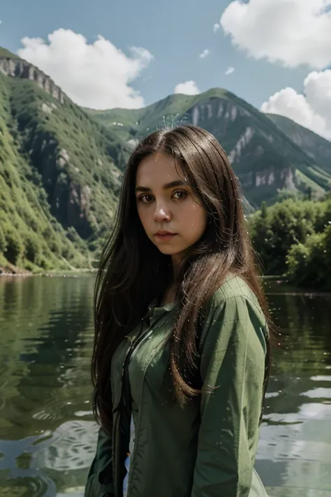 Costume, long hair, girl, big eyes, green mountains and green water,