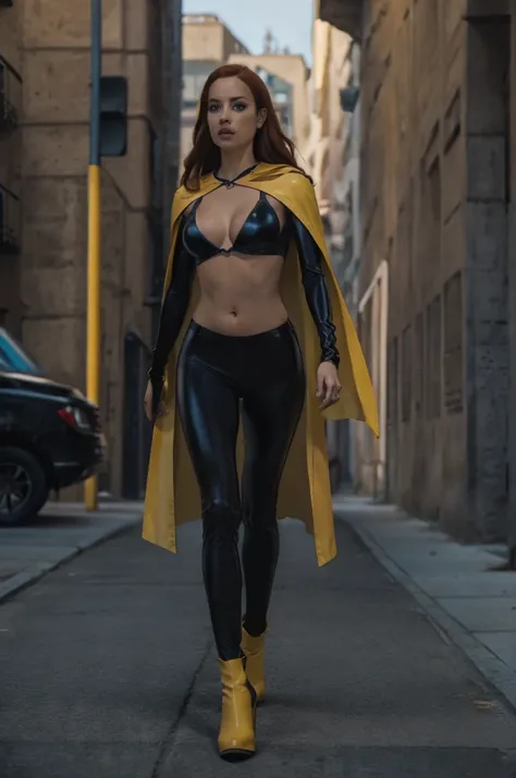 Slim young woman, full body, low legs, Legacy apartment, T-shirt, cleavage, navel showing, crotch showing, (wrinkles on leggins remarking the shape), crystal blue eyes, red hair , daylight, ((black spandex)) , yellow leather cloak,black latex costume and y...