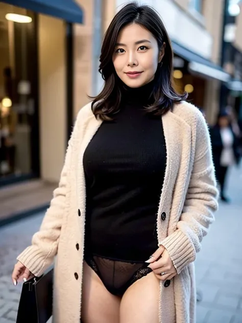 8k quality，masterpiece,best quality,cleveage,outdoor shopping ,A woman who looks 50 years old,woman with good figure，Wearing black underwear on the lower body，Wearing black underwear on upper body，Sweater coat