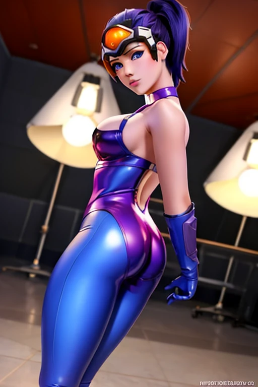 masterpiece, 8k, perfect ligthing, adult, female, looking at viewer, cinematic lighting, cowboy shot, Tracer , (purple skin), blue skin, ponytail, yellow eyes, detailed eyes, beautiful lips, (bodysuit), gloves, high heels, Visor, head-mounted display, unre...