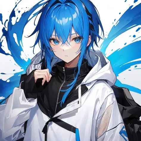 Blue hair, male, 1 person, black and white hoodie, white mesh